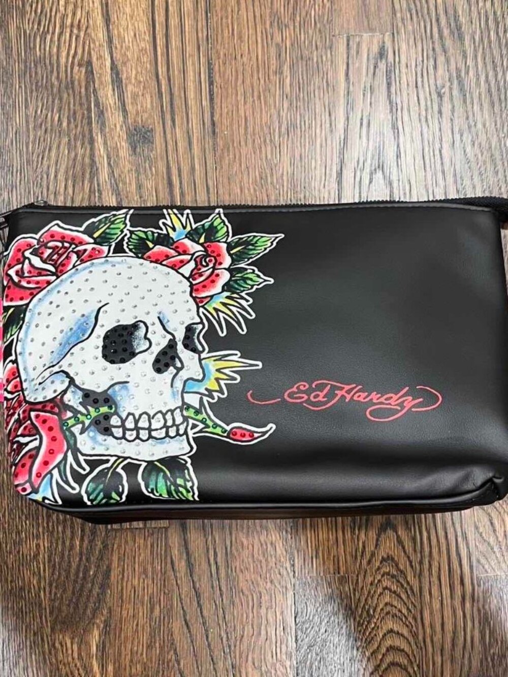 ed hardy skull rose flower makeup cosmetic toiletry bag bedazzled rhinestone y2k